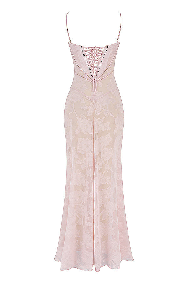 Sexy Flowers Slim Back Lace-up Long Dress