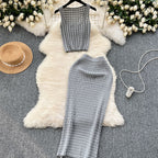 Elegant Chenille Knitted Top And Skirt Set Soft Textures