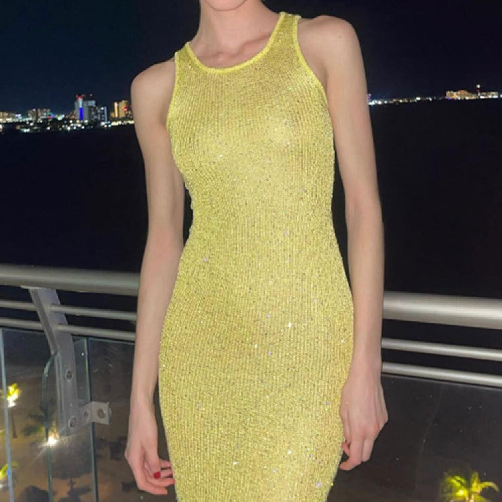 Sequin Sleeveless U-Neck Knitted Maxi Dress Acrylic Slim Fit