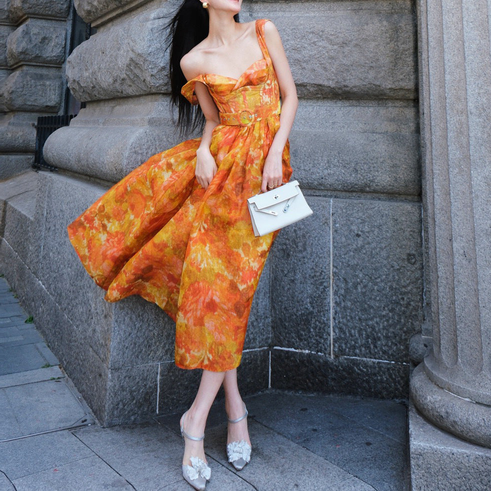 Orange Retro Print Slip Dress With High Waist Silhouette