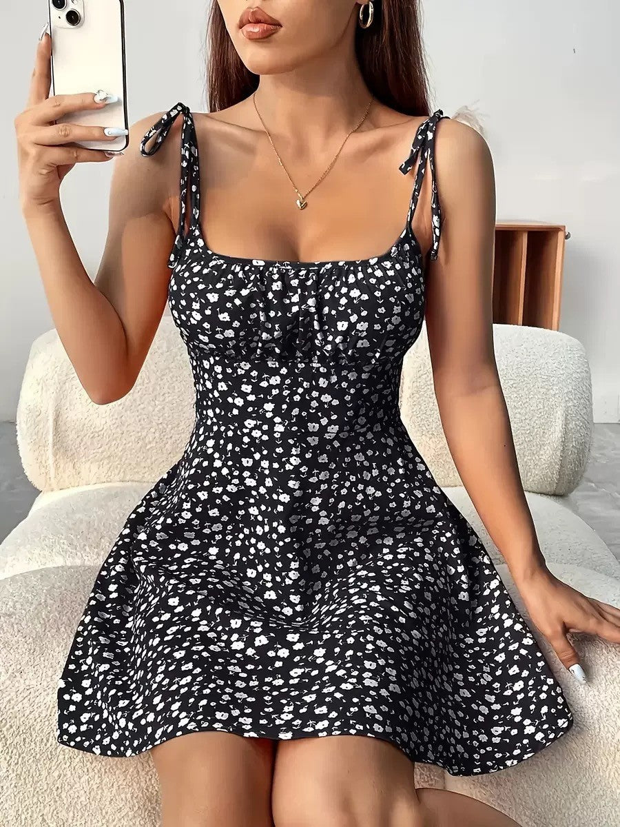 Floral Print Dress Summer Sweet A- Line Waist Trimming Dresses