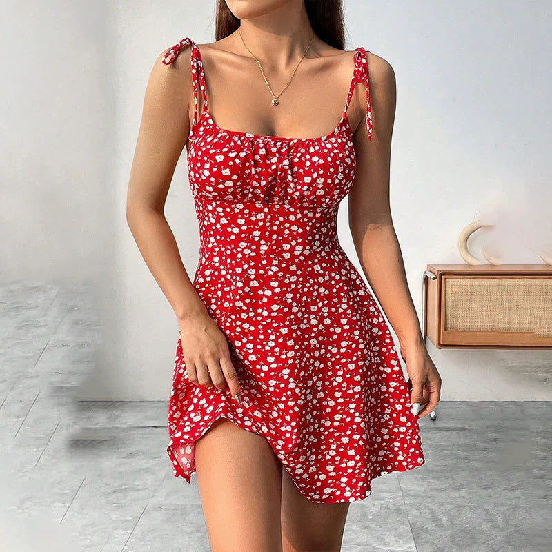 Floral Print Dress Summer Sweet A- Line Waist Trimming Dresses