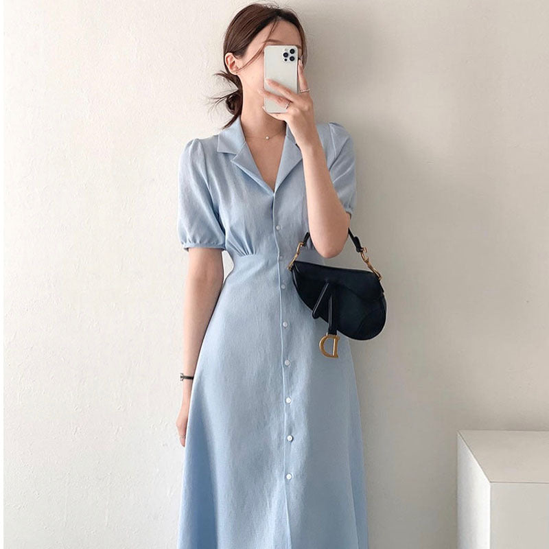 Soft Bubble Sleeve Shirt Dress With V Neck Collar