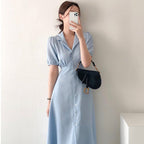Soft Bubble Sleeve Shirt Dress With V Neck Collar