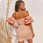 Elegant Pleated Tube Top Dress With Lotus Leaf Sleeves