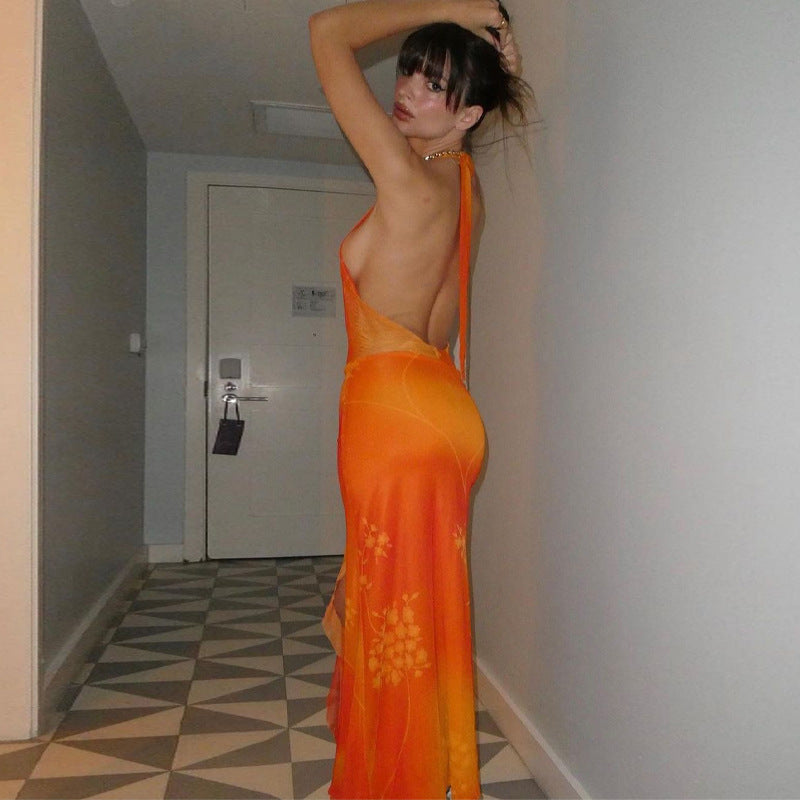 Women's Floral Print Backless V-Neck Halter Dress