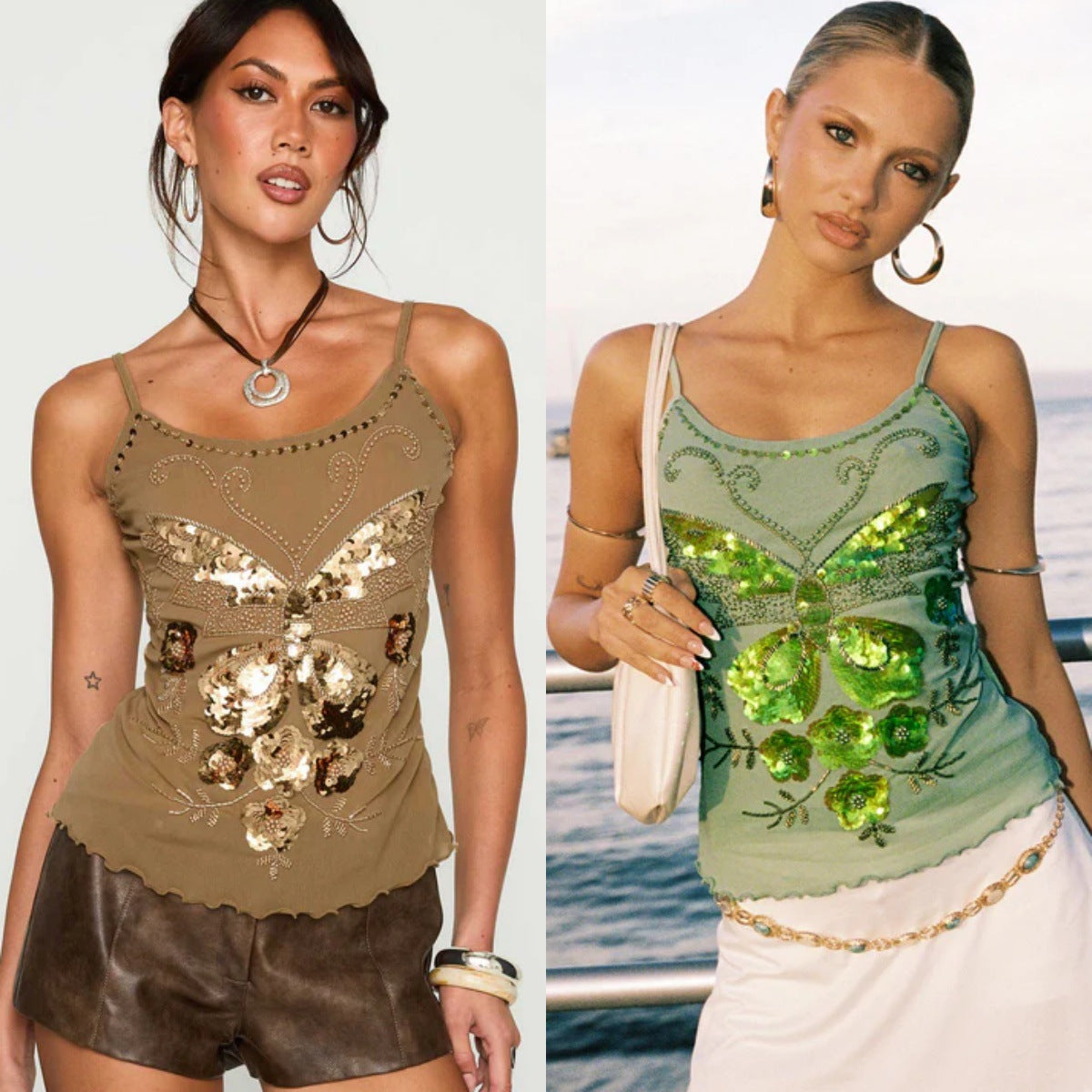 Gleaming Sequined Embroidered Sling Vest In Green And Brown