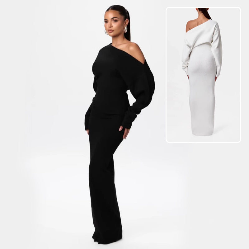 Slim Off-Shoulder Knitted Bodycon Long Sleeve Maxi Dress