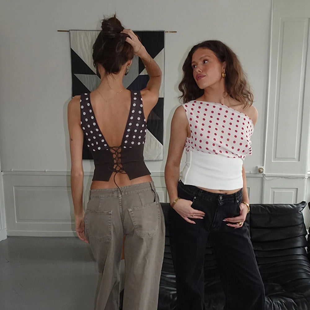 Polka Dot Chiffon Patchwork Crop Top With Oblique Shoulder Backless