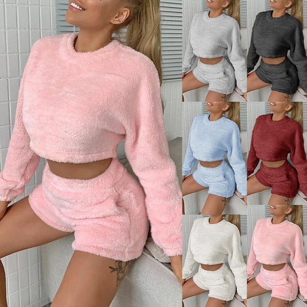 Cozy Plush Women Home Set With Long Sleeve Sweater Top And Shorts