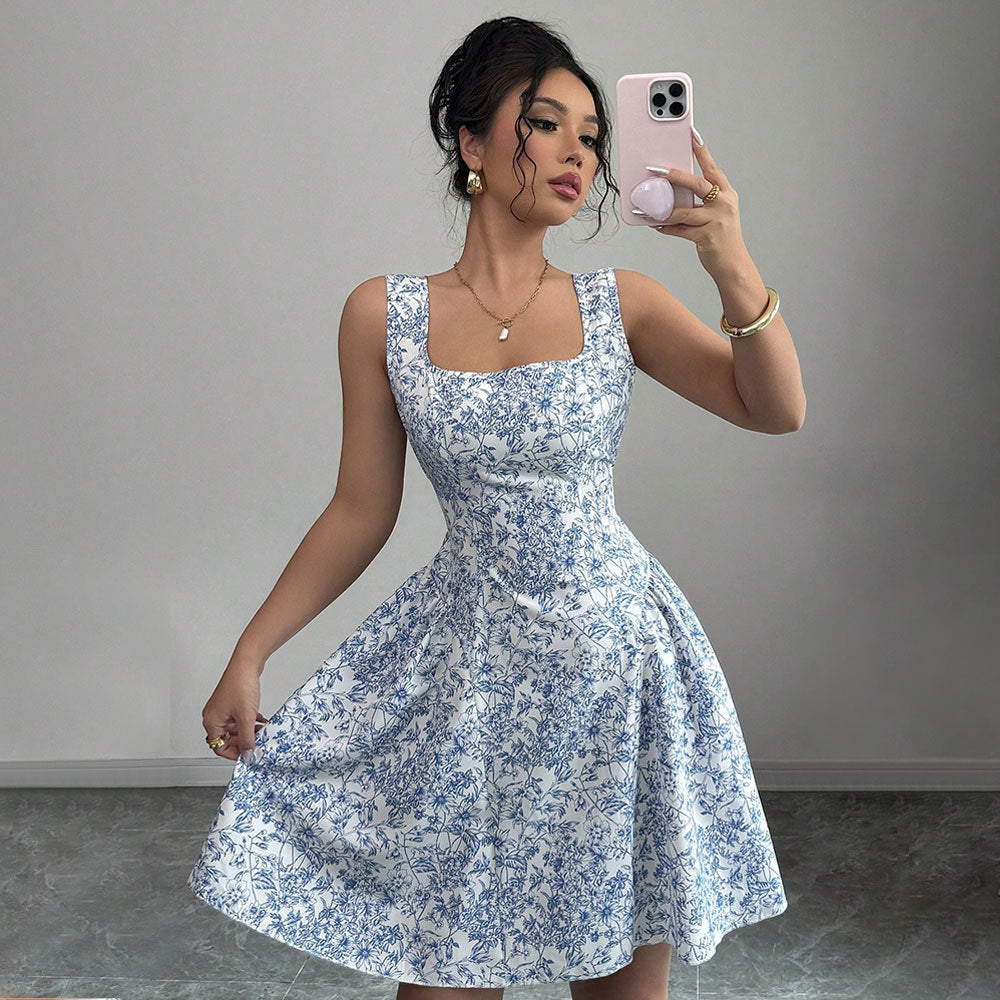 Floral Summer Dress With White And Blue Print High Waist A Line Sleeveless Short