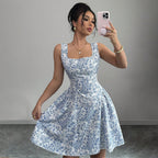 Floral Summer Dress With White And Blue Print High Waist A Line Sleeveless Short