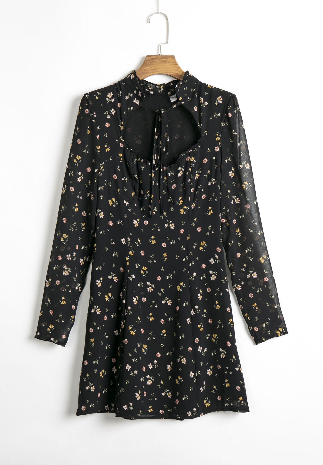 Black Hollow-Out Floral Long-Sleeved Dress