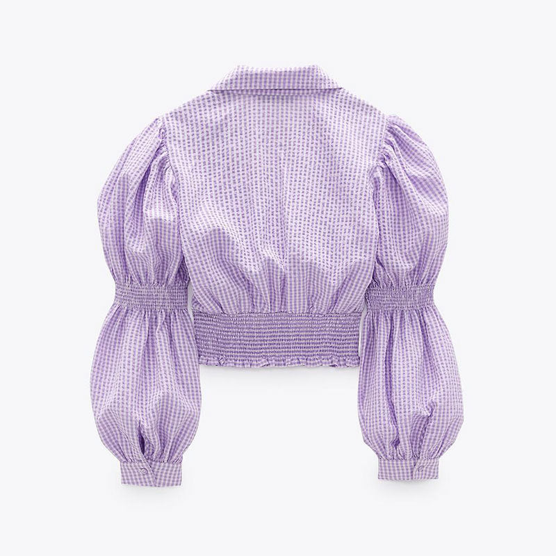 Purple Plaid V Neck Short Sleeve Top