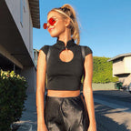 Openwork Button Collar Tee Top Black Cotton Blend