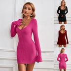 Knitted U-Neck Single-Breasted Long-Sleeved Hip-Hugging Dress