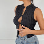 Elegant Solid Color Cropped Cardigan Tank Top For Ladies With Exposed Navel Knitted Slim