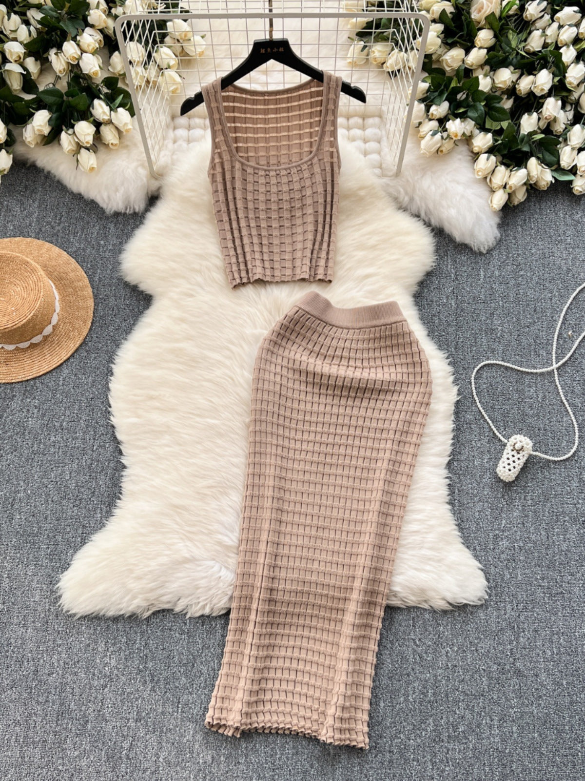 Elegant Chenille Knitted Top And Skirt Set Soft Textures