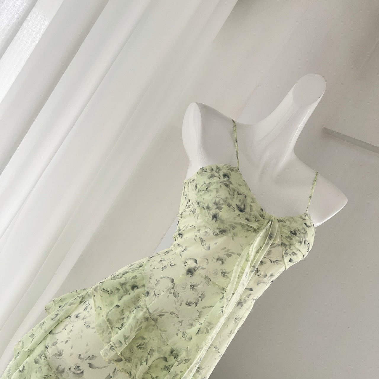 Malt Green Floral Chiffon Dress With Spaghetti Straps Flounced Midi Skirt Retro Art Vibe
