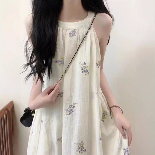 Artistic Retro Sleeveless Halter Sling Dress