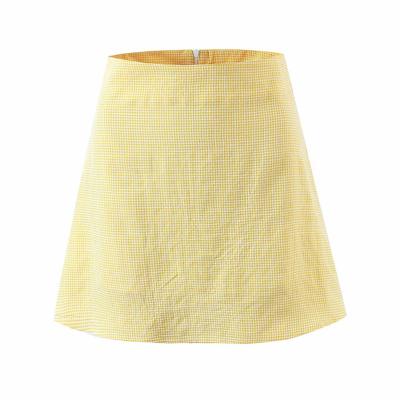 Yellow Plaid Cropped Top And Skirt Set