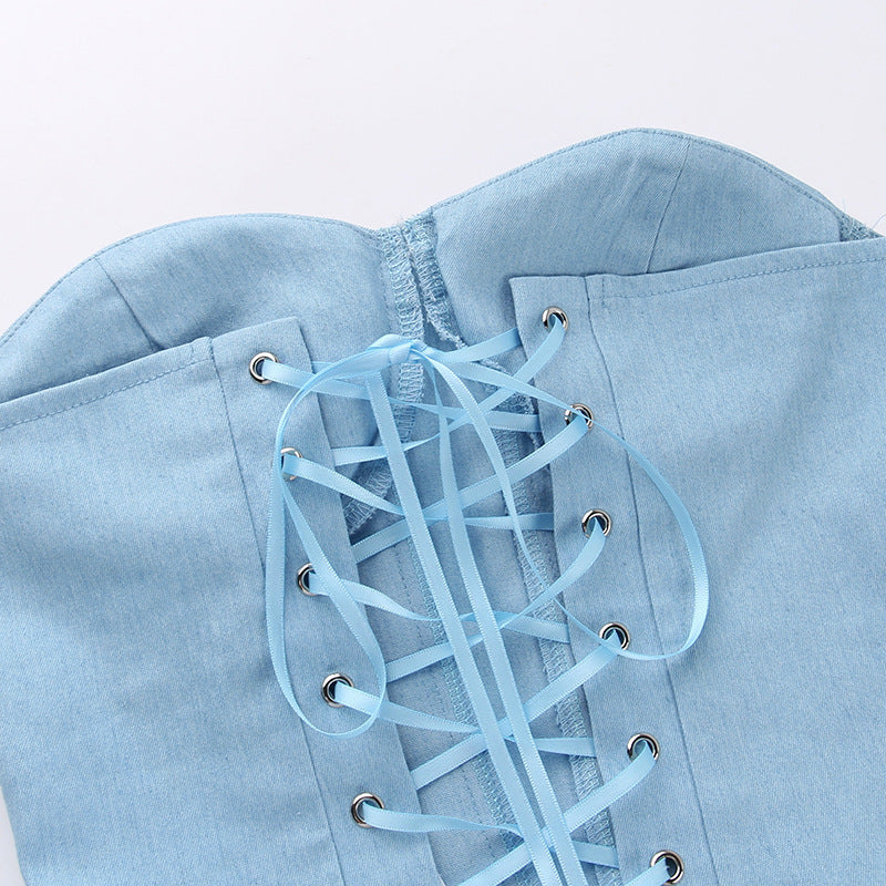 Denim Tube Vest Top With Back Tie Cropped Corset Tank