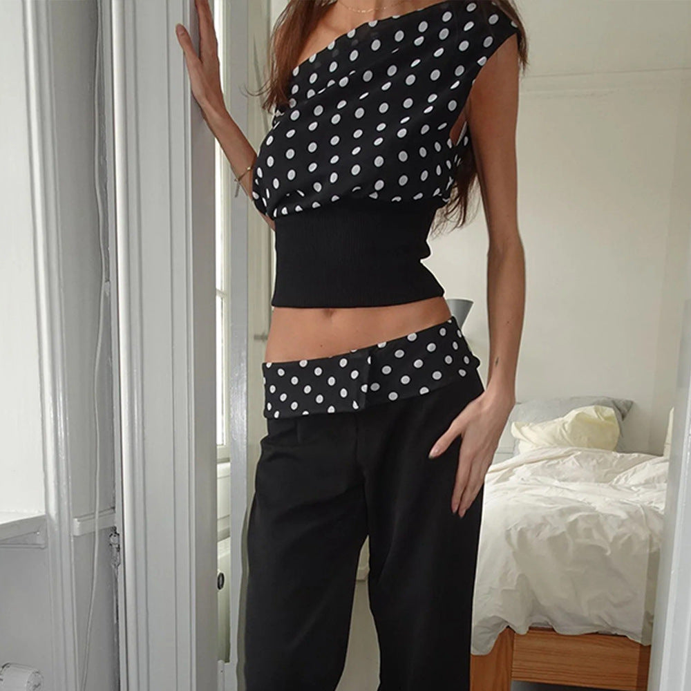 Polka Dot Chiffon Patchwork Crop Top With Bottom Set