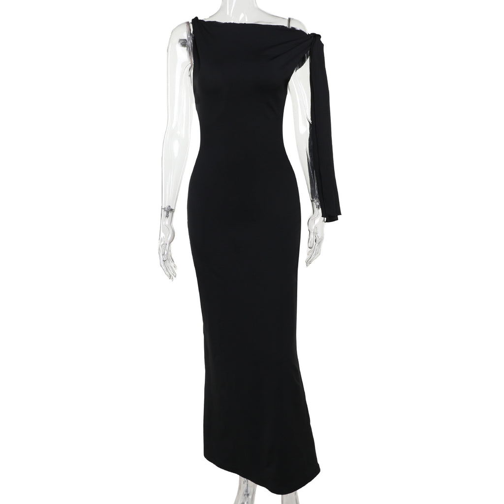 One-Shoulder Ribbon Long Dress Slim Fit Sleeveless Evening Party