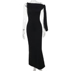 One-Shoulder Ribbon Long Dress Slim Fit Sleeveless Evening Party