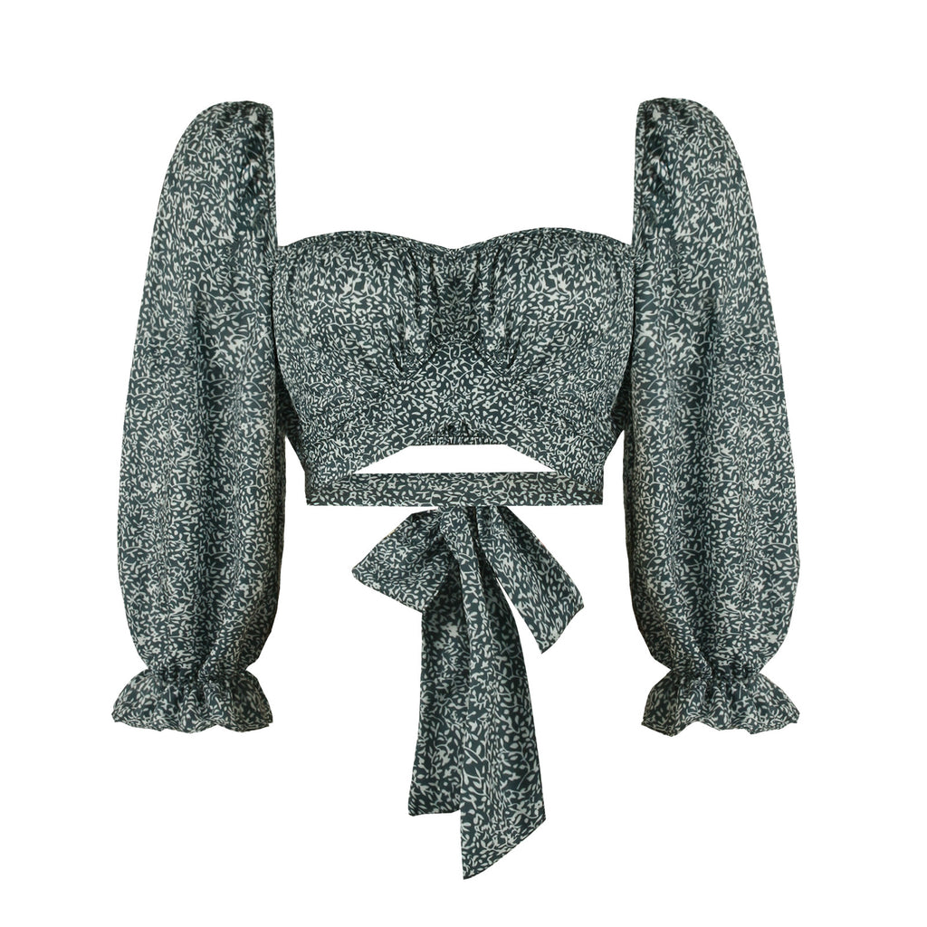 Square Neck Long Sleeve Street Style Top With Tie Print And Three Dimensional Pattern