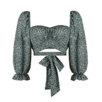 Square Neck Long Sleeve Street Style Top With Tie Print And Three Dimensional Pattern