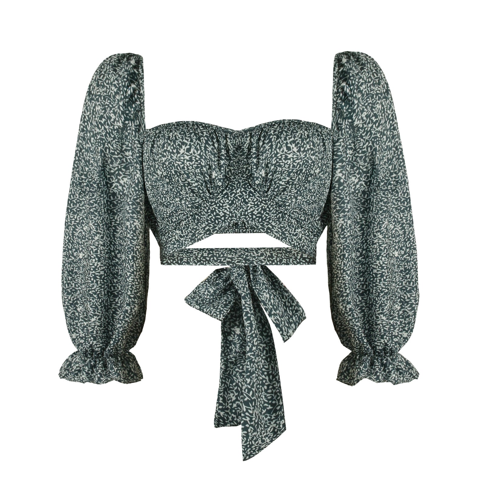 Square Neck Long Sleeve Street Style Top With Tie Print And Three Dimensional Pattern