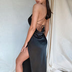 Women's Satin Backless Maxi Party Dress V-Neck Split