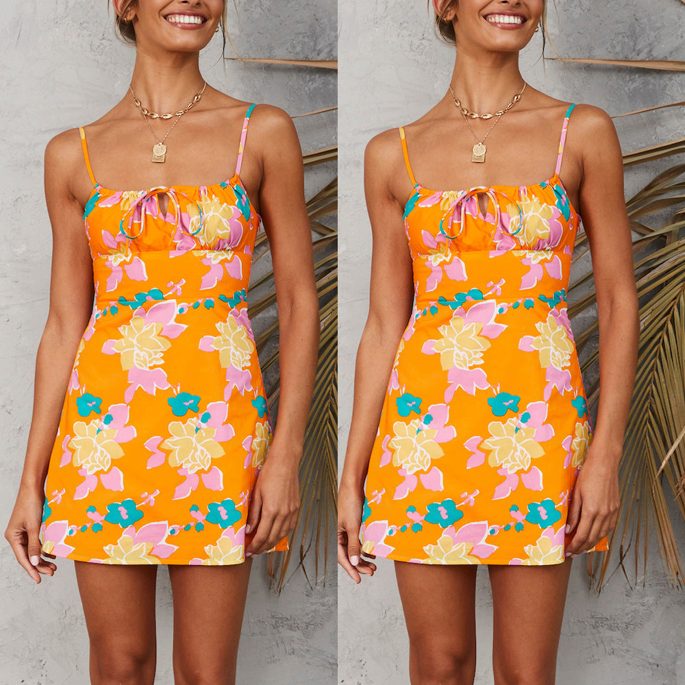 Floral Print Summer Dress With A Line Skirt Slotted Collar Regular Sleeves
