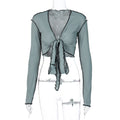 V Neck Tie Front Cardigan Top With Slim Fit Long Sleeves