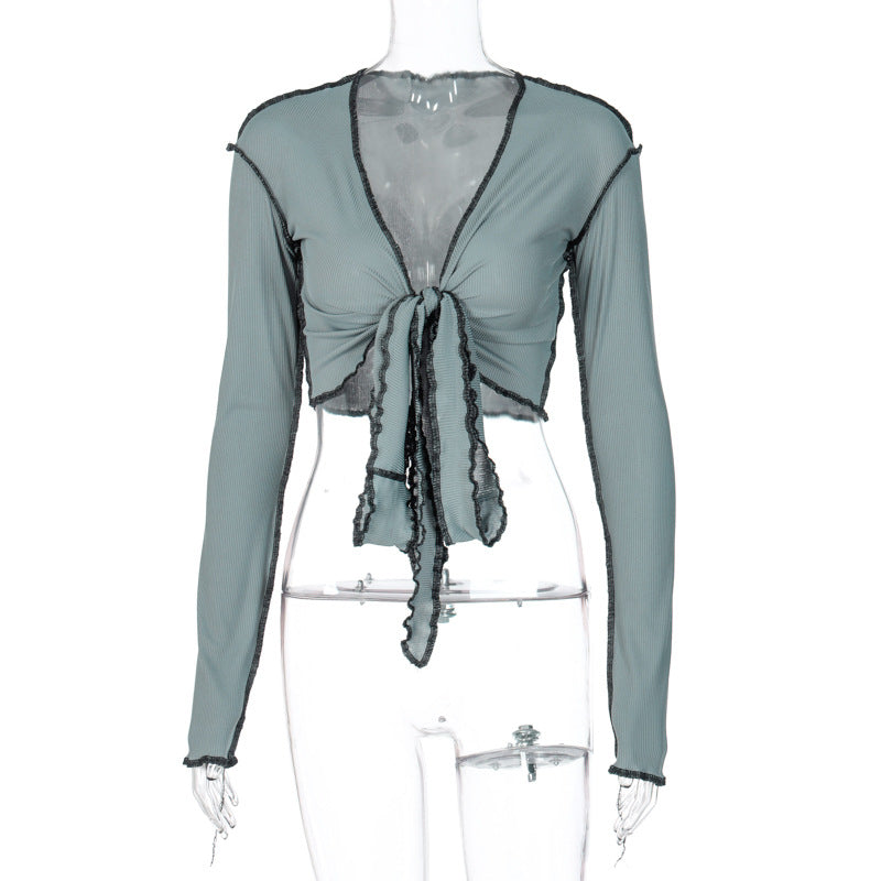 V Neck Tie Front Cardigan Top With Slim Fit Long Sleeves