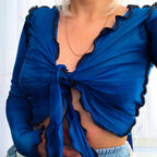 V Neck Tie Front Cardigan Top With Slim Fit Long Sleeves