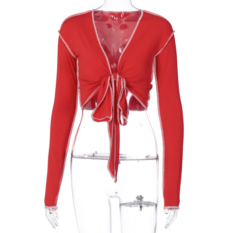 V Neck Tie Front Cardigan Top With Slim Fit Long Sleeves
