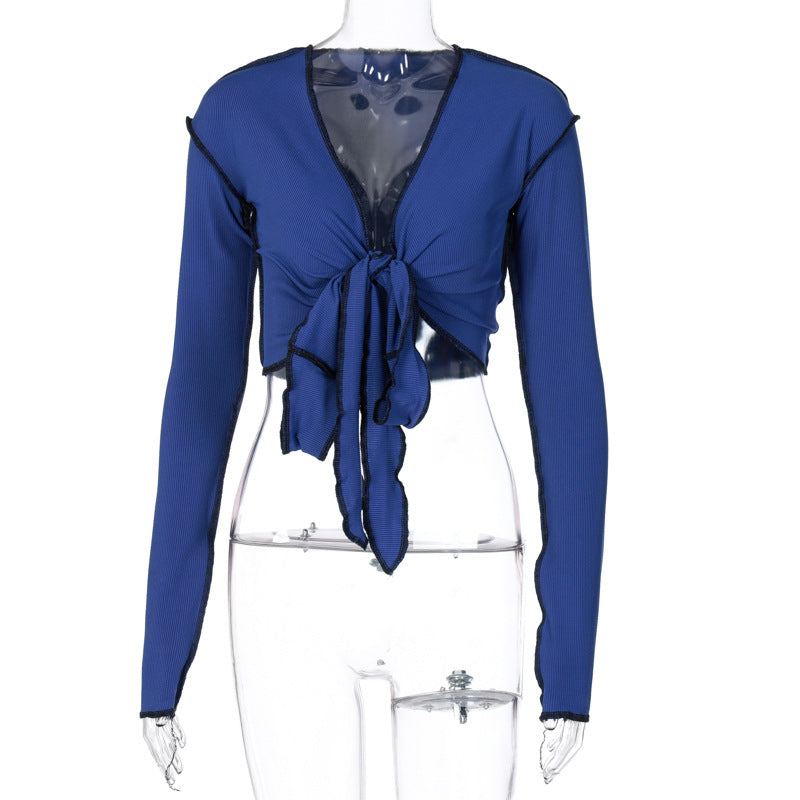 V Neck Tie Front Cardigan Top With Slim Fit Long Sleeves