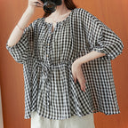 Relaxed Plaid Ramie Linen V Neck Top In Loose Fit