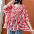 Relaxed Plaid Ramie Linen V Neck Top In Loose Fit