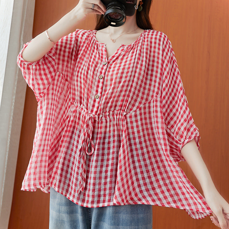 Relaxed Plaid Ramie Linen V Neck Top In Loose Fit