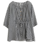 Relaxed Plaid Ramie Linen V Neck Top In Loose Fit