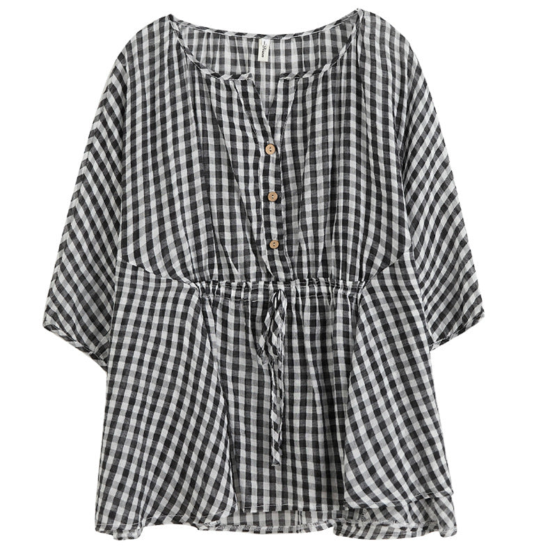 Relaxed Plaid Ramie Linen V Neck Top In Loose Fit