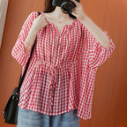 Relaxed Plaid Ramie Linen V Neck Top In Loose Fit