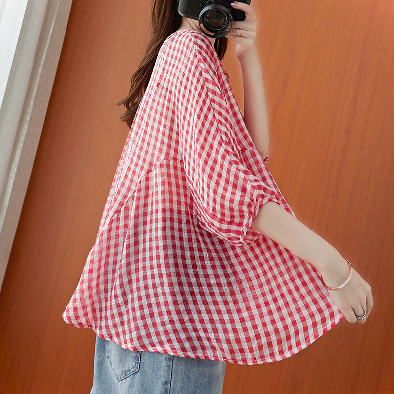Relaxed Plaid Ramie Linen V Neck Top In Loose Fit