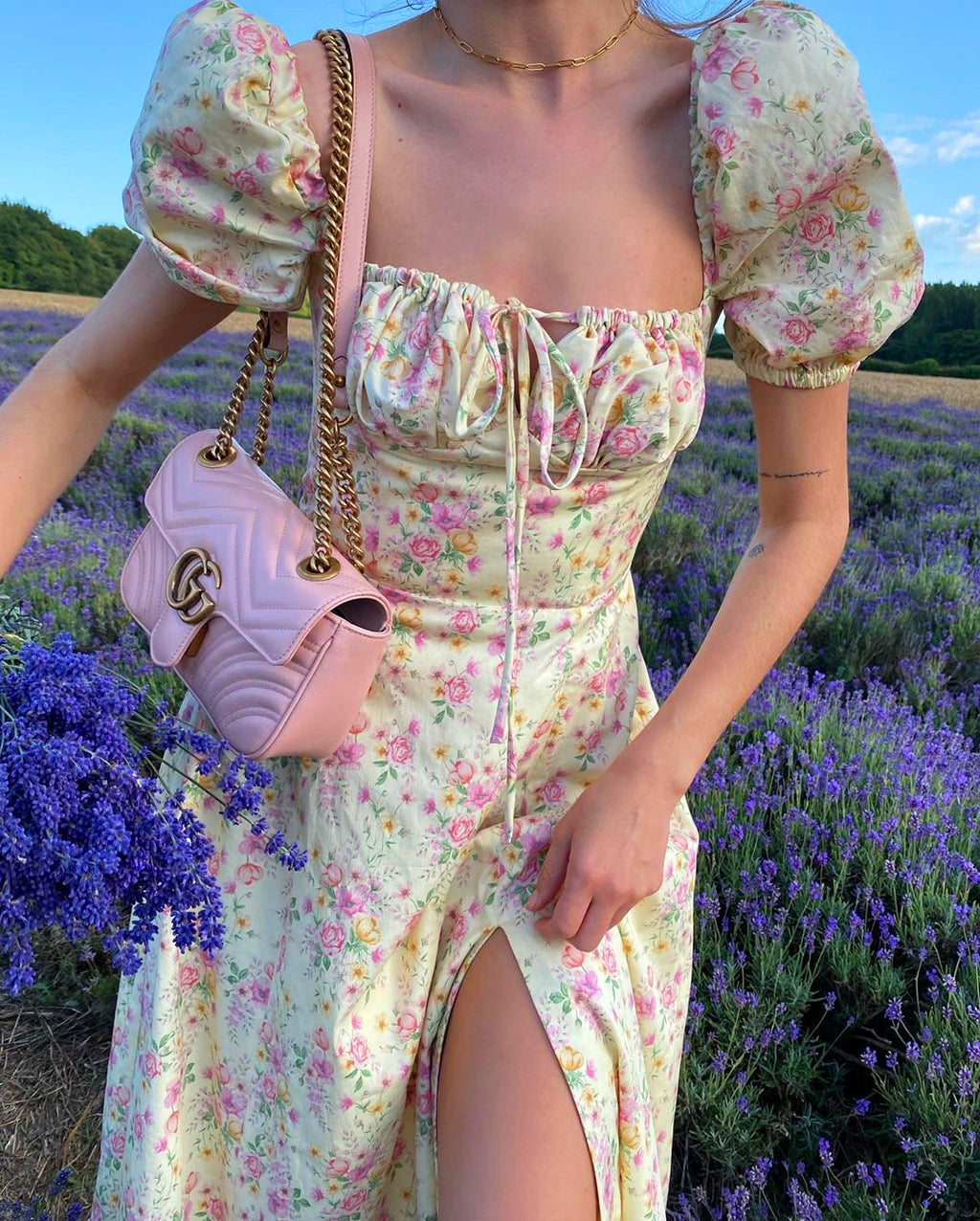 Floral Print Chiffon Maxi Dress - High Waist Puff Sleeve Party Dress
