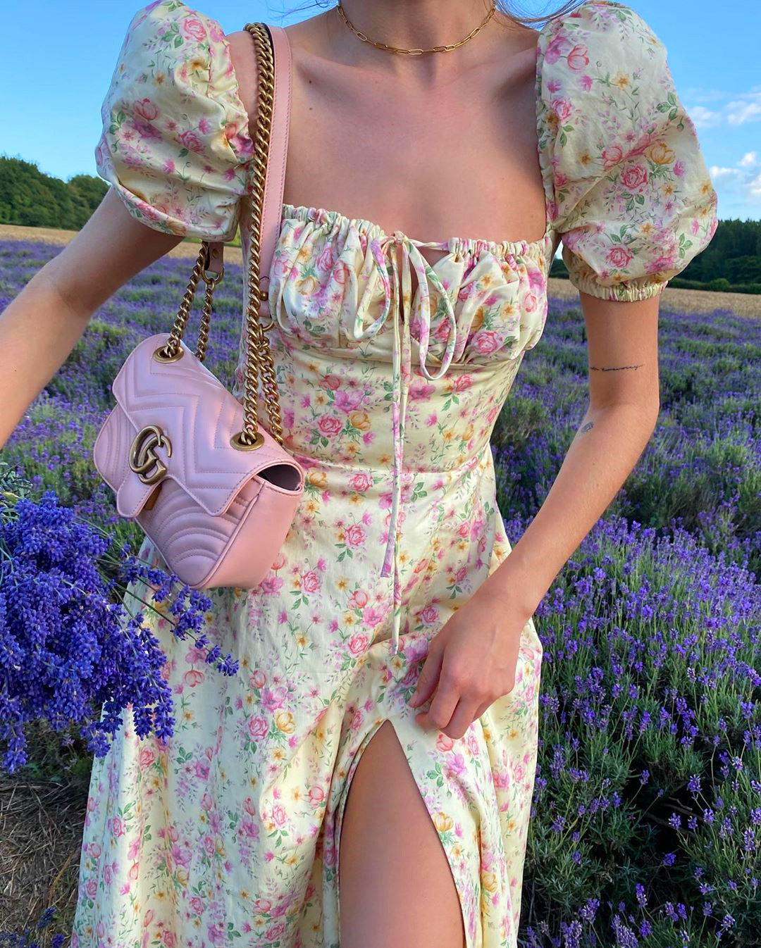 Floral Print Chiffon Maxi Dress - High Waist Puff Sleeve Party Dress