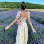 Floral Print Chiffon Maxi Dress - High Waist Puff Sleeve Party Dress