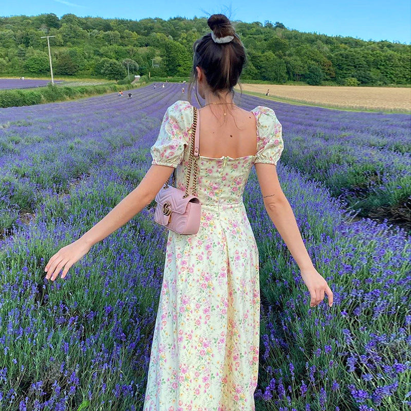 Floral Print Chiffon Maxi Dress - High Waist Puff Sleeve Party Dress